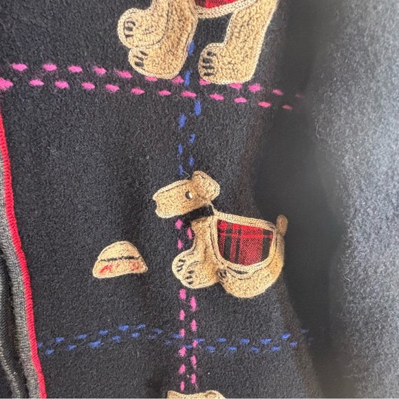 TABI INTERNATIONAL Sz XL Black Dog Pattern Cardigan Jacket Zipper 100% Wool - Picture 7 of 12